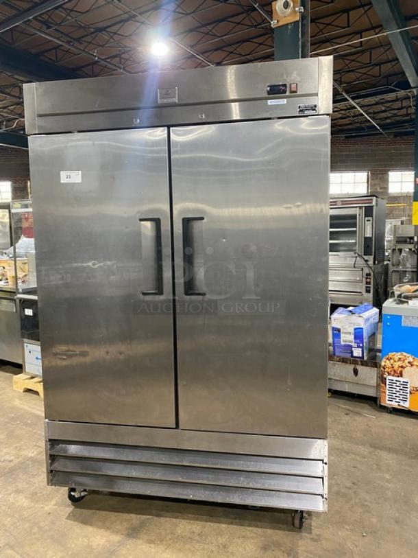 Kelvinator commercial stainless steel 2-door refrigerator, model KCBM48R, with poly-coated wire racks, on casters, 115V.