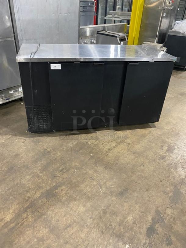 Asber Commercial 2 Door Back Bar Cooler, black with stainless steel worktop, model ABBC68, includes poly coated wire rack.