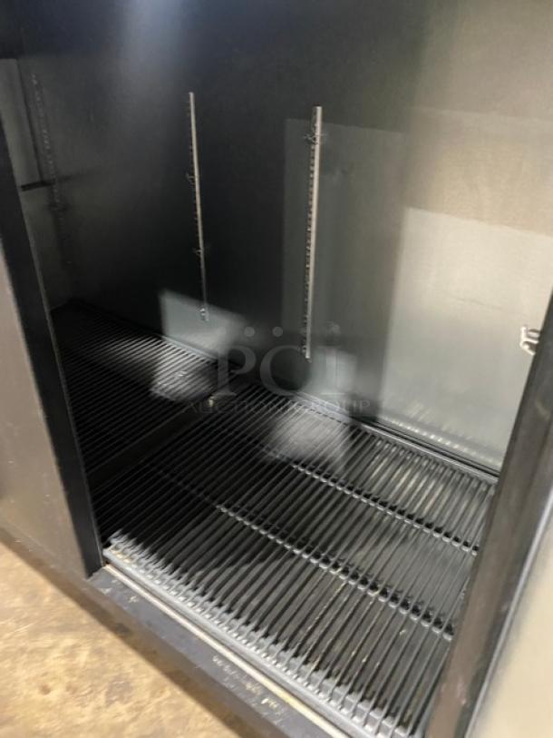 Asber 2 Door Refrigerated Back Bar Cooler, Model ABBC68, black, stainless steel worktop, poly-coated wire rack, 115V 1 Phase.