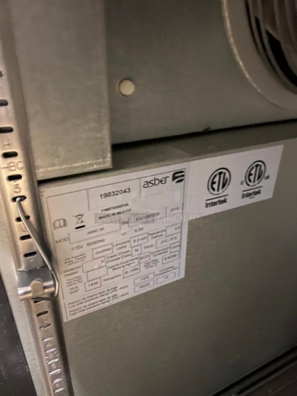 Asber Commercial 2-Door Refrigerated Cooler, Model ABBC68, SN 19032043, with stainless steel worktop and poly-coated wire rack.