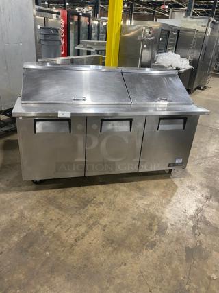 True Commercial Stainless Steel 3 Door Refrigerated Bain Marie Style Mega Top Salad/Sandwich Prep Table! With Poly Coated Wire Racks! Model: TSSU-72-30M-B-ST SN: 7489956! 115V 1 Phase! On Casters! - Item #1203123