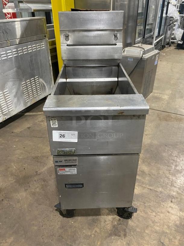 Pitco VF35 commercial stainless steel gas fryer, 35 lb capacity, with backsplash, basket hanger, and blue gas connector hose.