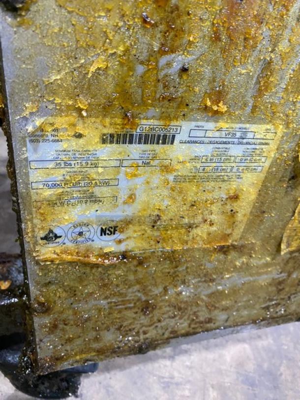 Pitco VF35 commercial 35 lb. deep fat fryer label, showing model and serial number in worn condition with visible dirt.