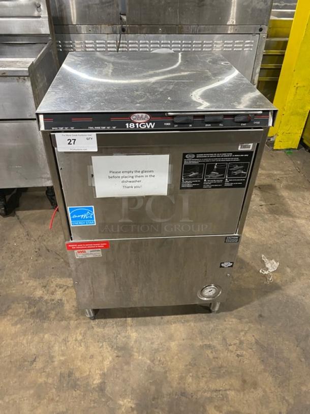 CMA commercial stainless steel undercounter glass washer, model CMA-181GW, Energy Star certified, 208/230V, on legs.