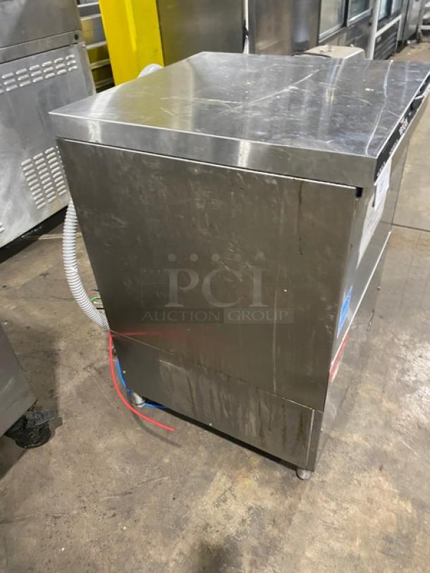 CMA Commercial Stainless Steel Glass Washer, Model CMA-181GW, door-type, on legs, Energy Star certified, visible hoses.