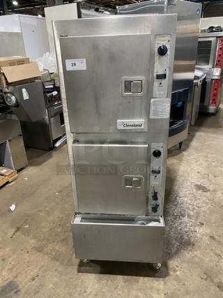 Cleaveland Range SteamCraft Gemini 10 commercial dual compartment convection steamer, model 24CGA10.2, stainless steel, natural gas, with individual controls, on legs.