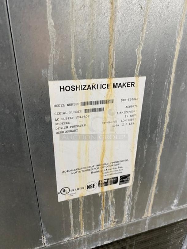Hoshizaki DKM-500BAH ice maker label showing model, serial number A60687L, voltage 115-120V, 1 phase, UL and NSF certified.