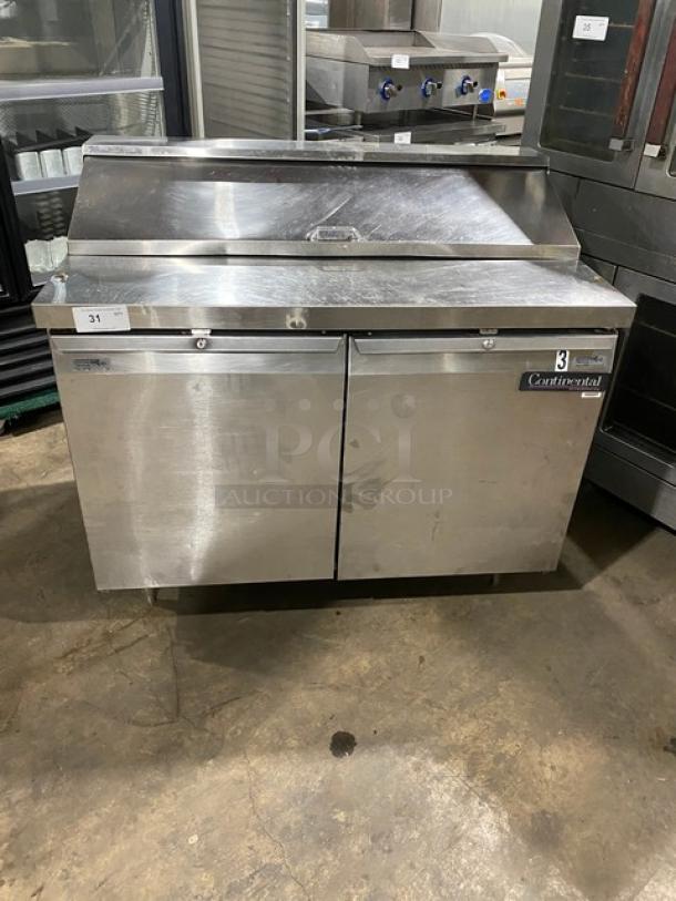 Continental Commercial Stainless Steel 2-Door Refrigerated Prep Table, Bain Marie Style, 115V, on legs, visible logo.
