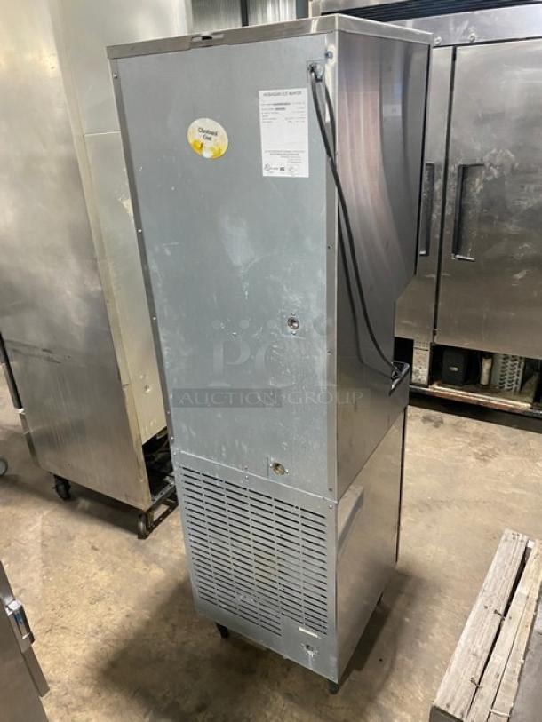 Hoshizaki DT-400BAH-OS ice maker and water dispenser, stainless steel, electric, air-cooled, on legs. Model and serial labels visible.