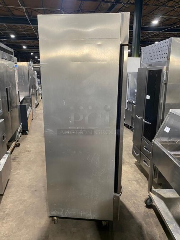 True T-23F commercial reach-in freezer, stainless steel, single solid door, built-in pan slides, on casters, model SN: 1-4121330.