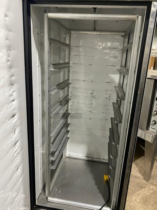 True T-23F Commercial Stainless Steel Single Door Reach-In Freezer, built-in pan slides, 115V, on casters, SN: 1-4121330.