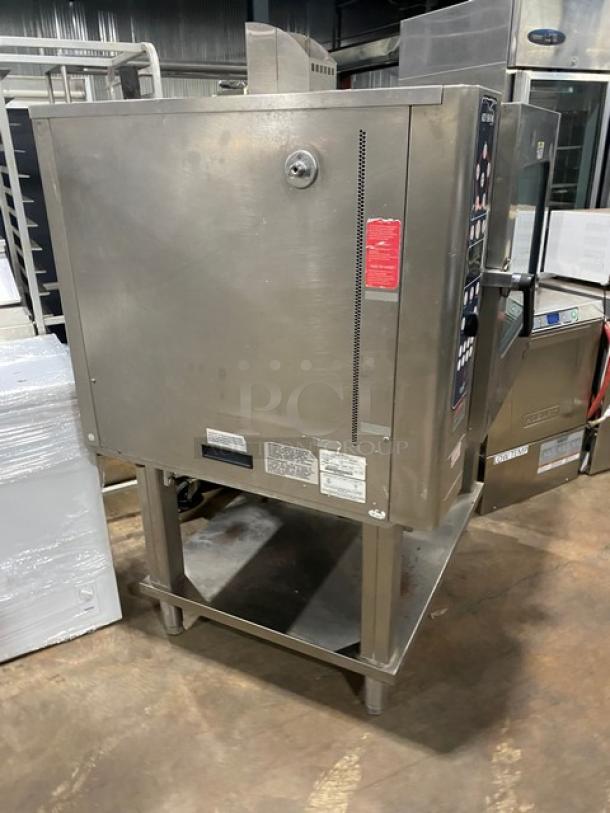 Alto-Shaam Combitherm 7.14MLG commercial combi oven, natural gas powered, with wired racks, probe, single undershelf, on legs.