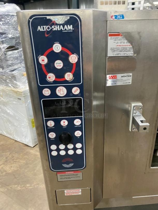Alto-Shaam Combitherm stainless steel combi oven, model 714MLG, natural gas, wired racks, probe, single undershelf, on legs.