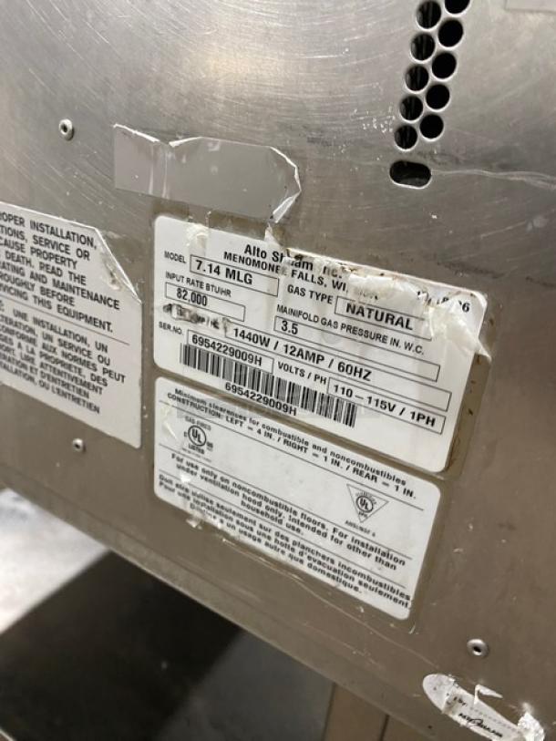 Alto-Shaam Combitherm 714MLG combi oven with wired racks and probe, natural gas, stainless steel, model label visible.