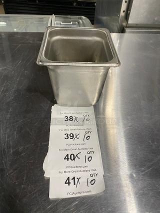 Commercial stainless steel hotel steamtable pan, excellent condition, 10X quantity, visible auction labels with lot numbers.
