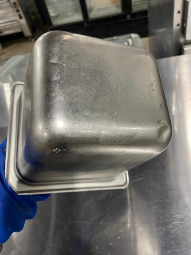 Commercial stainless steel steamtable pan, gently used, showcasing durable construction. Ideal for hotel or catering use.