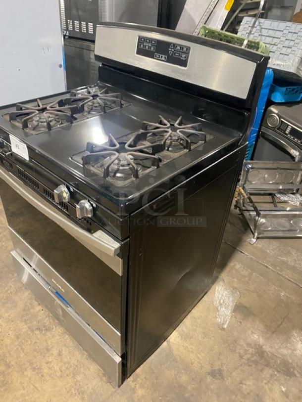 Amana commercial 4-burner stainless steel/black gas range oven combo, digital push button controls, wired oven rack.