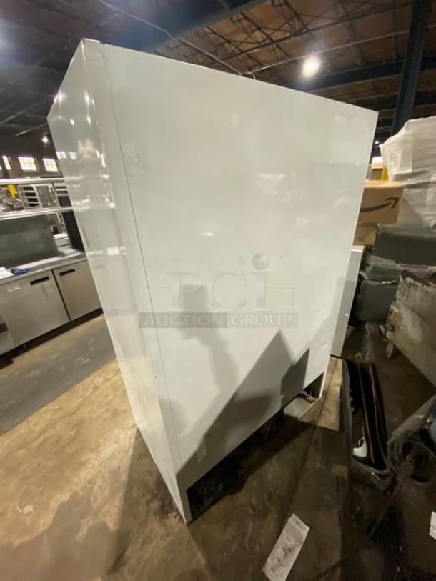 Beverage-Air MT45 commercial fridge, white, double glass sliding doors, poly-coated wire rack, 115V 1 Phase, SN 5263195.