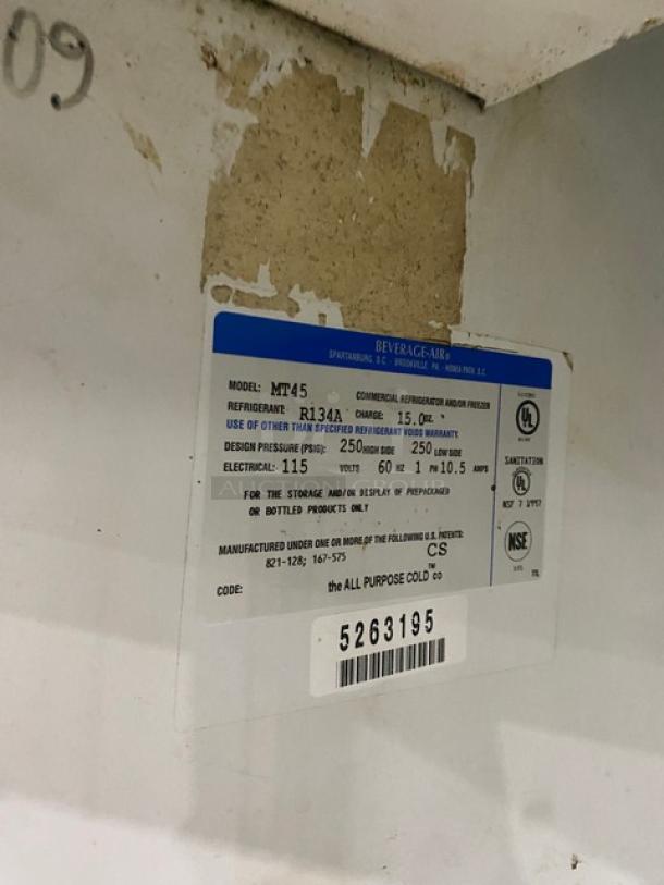 Beverage-Air MT45 serial tag showing model information, refrigerant type R134a, and electrical specs 115V, 1 phase.