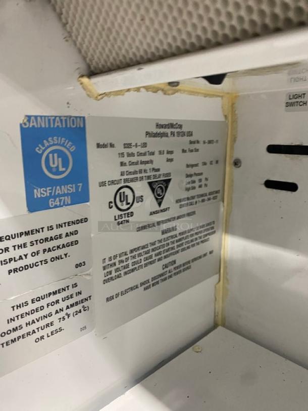 McCray commercial refrigerated display case, model S32E-6-LED. Features UL and ANSI certification labels, 115V, 1 phase.