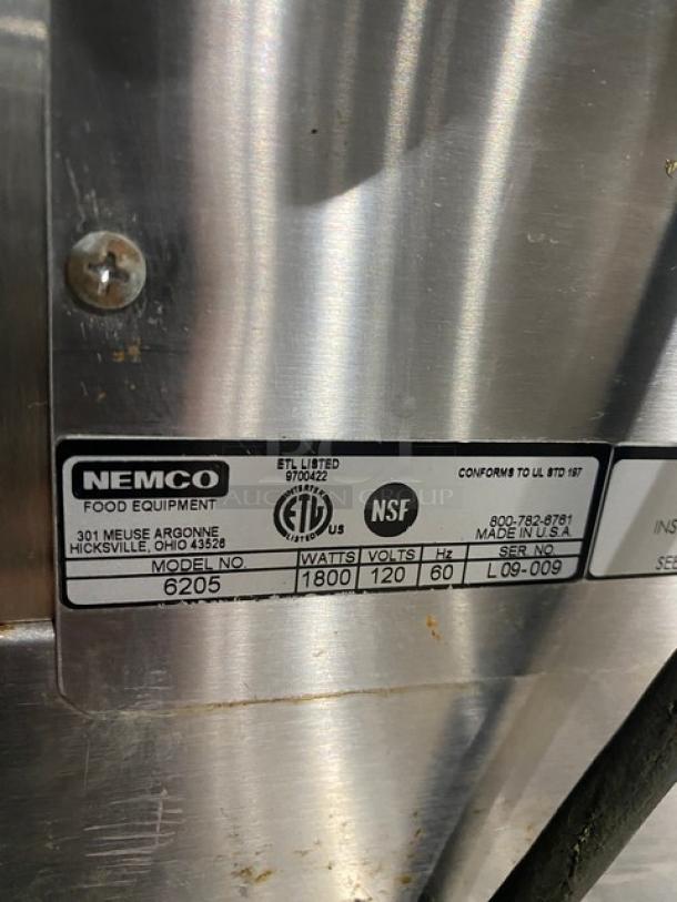 Nemco 6205 stainless steel pizza deck oven, electric, single compartment, model 6205, serial L09-009, 120V, on legs.