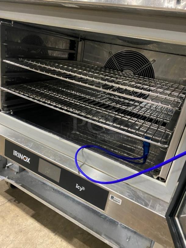 Irinox Icy Series stainless steel undercounter blast chiller, model ICY S, with chrome-plated wire racks, on casters.