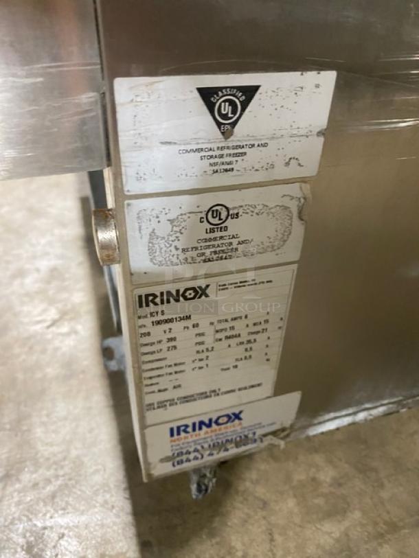 Irinox Icy Series stainless steel undercounter blast chiller, Model ICYS, with UL labels and chrome racks, on casters.