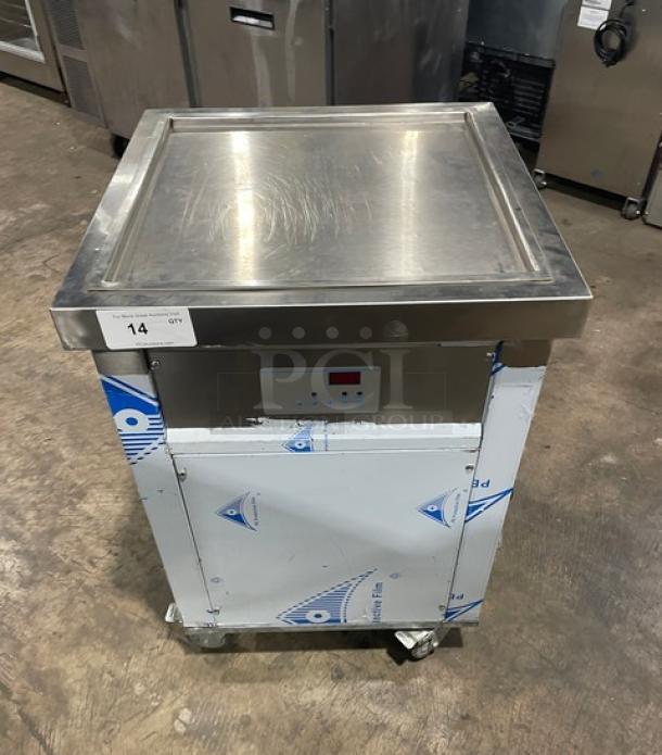 Commercial Stainless Steel Electric Rolled Ice Cream Machine, Model K06005, with digital controls and casters, 110V.