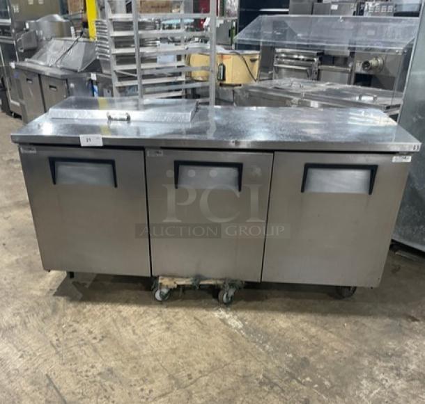 True Commercial Stainless Steel 3-Door Refrigerated Prep Table, Model TSSU-72-08, with poly-coated wire racks, 72".