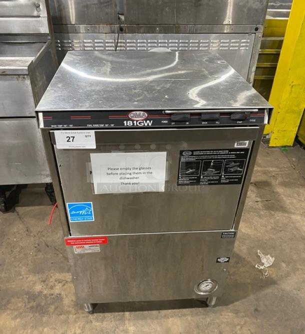 CMA Commercial Stainless Steel Glass Washer, Model 181GW, Energy Star Certified, 208/230V 1 Phase, on legs, with control panel and warning labels.