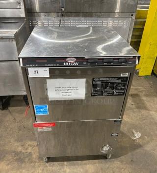 CMA Commercial Stainless Steel Glass Washer, Model 181GW, Energy Star Certified, 208/230V 1 Phase, on legs, with control panel and warning labels.