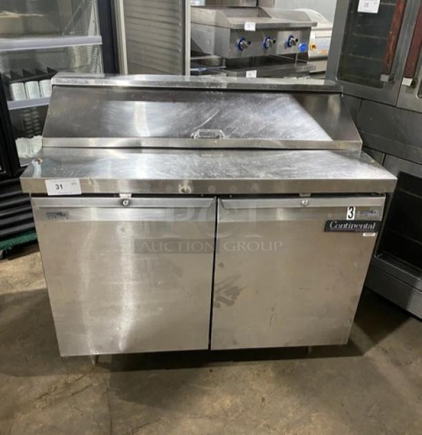 Continental Commercial Stainless Steel 2 Door Refrigerated Bain Marie Prep Table, 115V, on legs, well-maintained.
