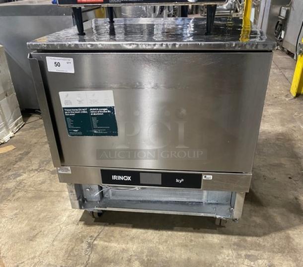 Irinox Icy Series stainless steel single door undercounter blast chiller, Model ICYS, on casters with chrome racks, 208V 2-phase.