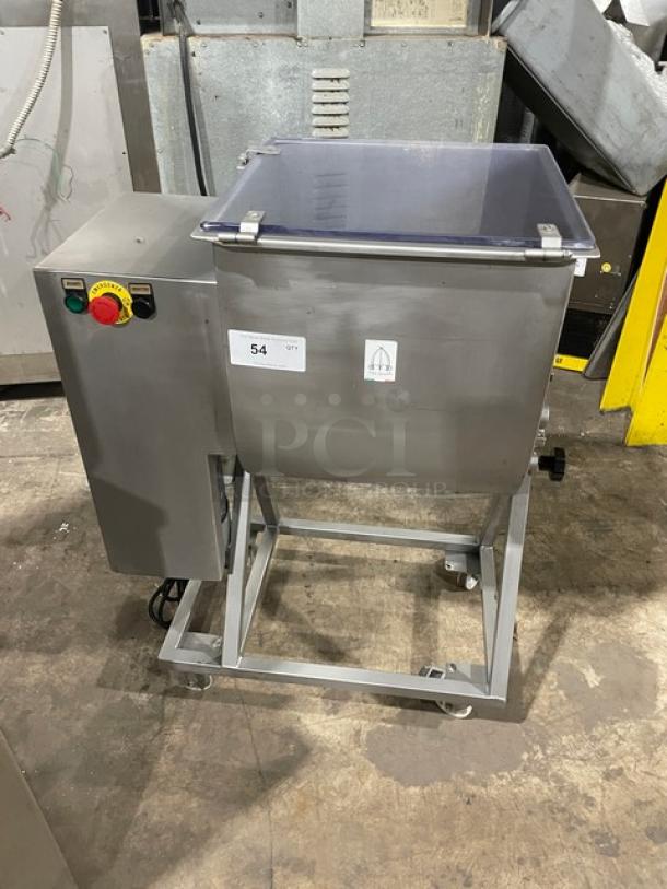 Commercial Tre Spade/Omcan MX-50 meat mixing machine, 2020 model, free-standing, electric-powered, on casters, 220-240V.
