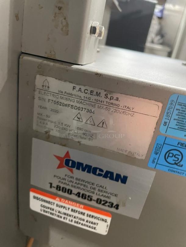 Tre Spade/Omcan MX-50 meat mixer, 2020 model, serial F70520#FSD037304, 220-240V, on casters, label details visible.