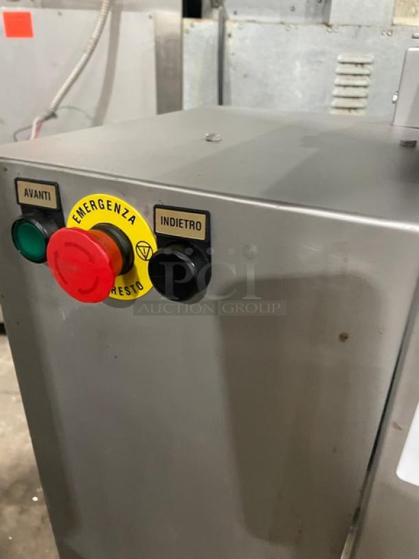 Tre Spade/Omcan MX50 meat mixing machine, 2020 model. Features emergency stop, directional control buttons, 220-240V power.