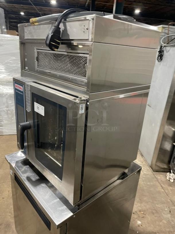 Rational SelfCookingCenter XS Series countertop combi oven, model SCCXS62/3EUV+, stainless steel, with recirculating exhaust hood, 208V 3-phase.
