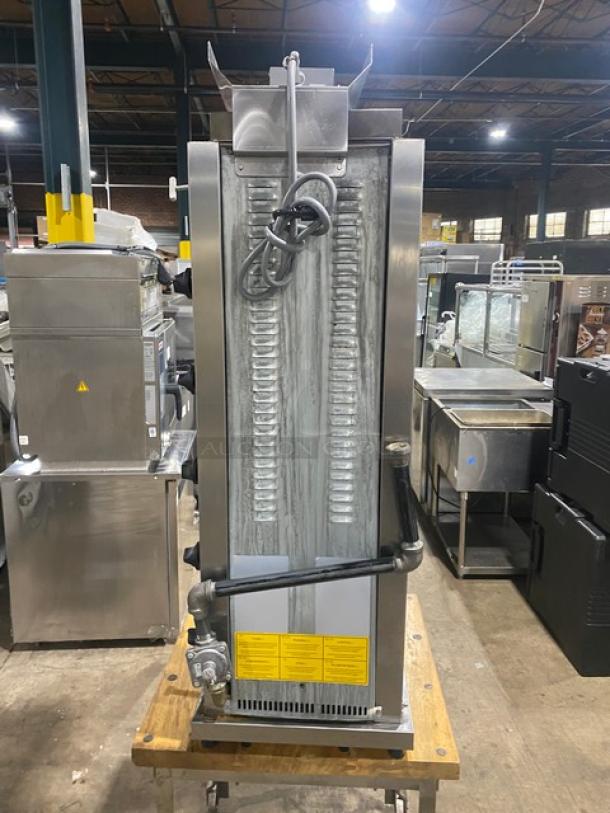 Inoksan PDG105MN commercial stainless steel gyro machine, 2022 model, natural gas, five burners, individual controls, on legs.