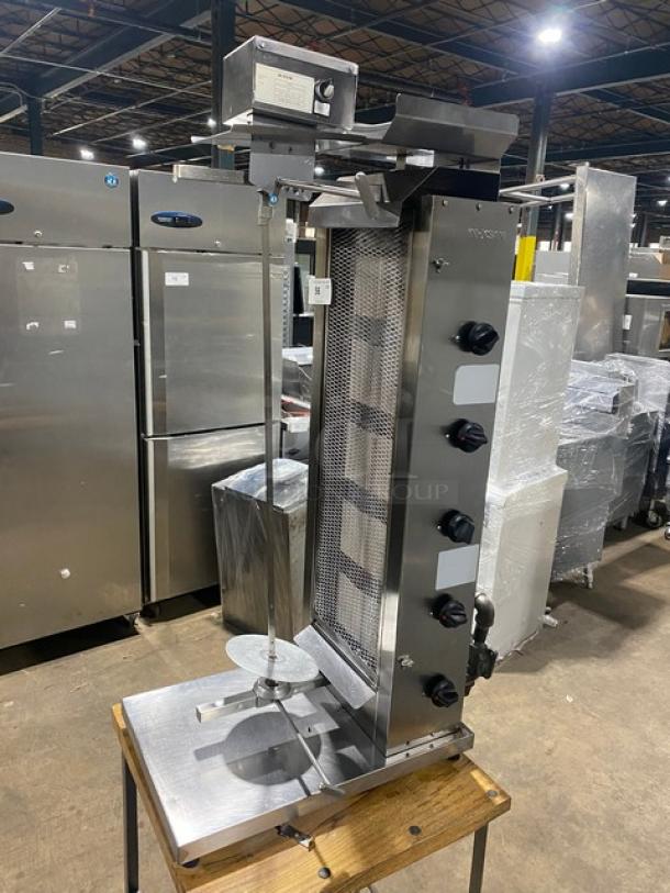 Inoksan PDG105MN commercial stainless steel gyro machine, 2022 model. Features 5 double burners, individual controls, and legs.