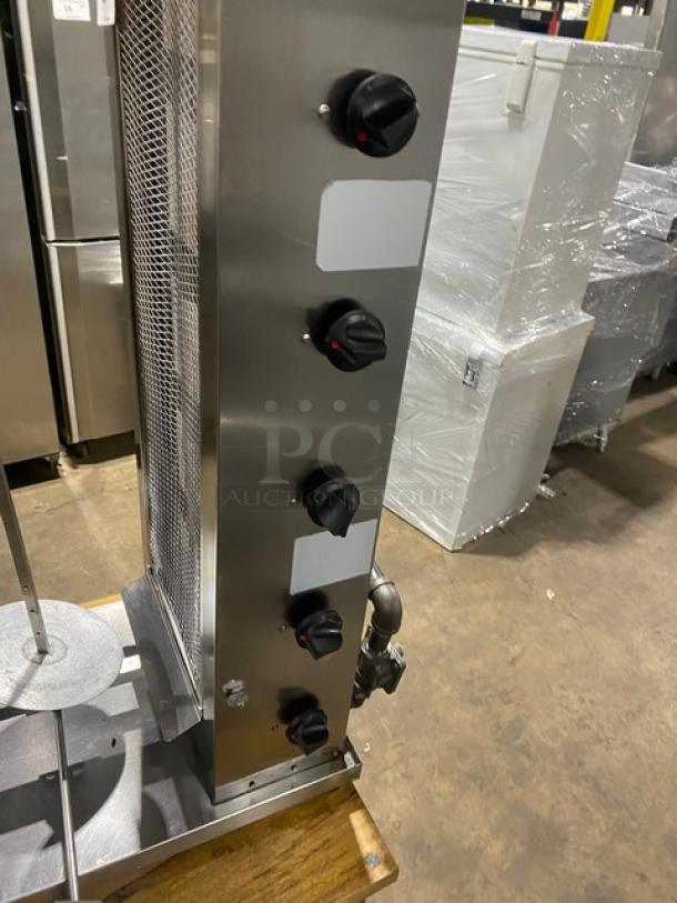 Inoksan PDG105MN stainless steel gyro machine, 2022 model, natural gas, 5 burners with controls, on legs, excellent condition.