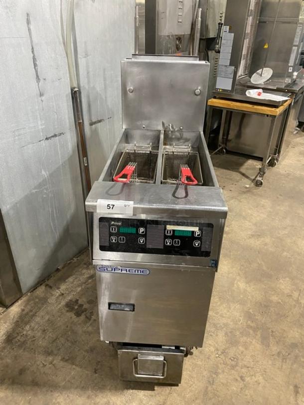 Pitco Solofilter Solstice Supreme Series 50 lb. split-tank deep fryer, stainless steel, with digital controls and fry baskets, model SFSSH55TRJS.