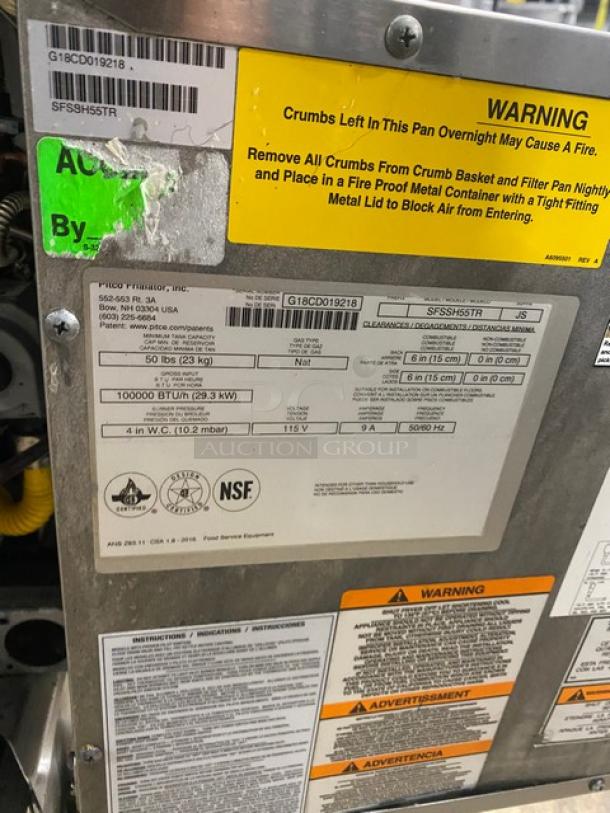 Pitco Solofilter Solstice Supreme Series commercial fryer label, model SFSSH55TR-JS, natural gas, 50 lb. capacity, NSF certified.