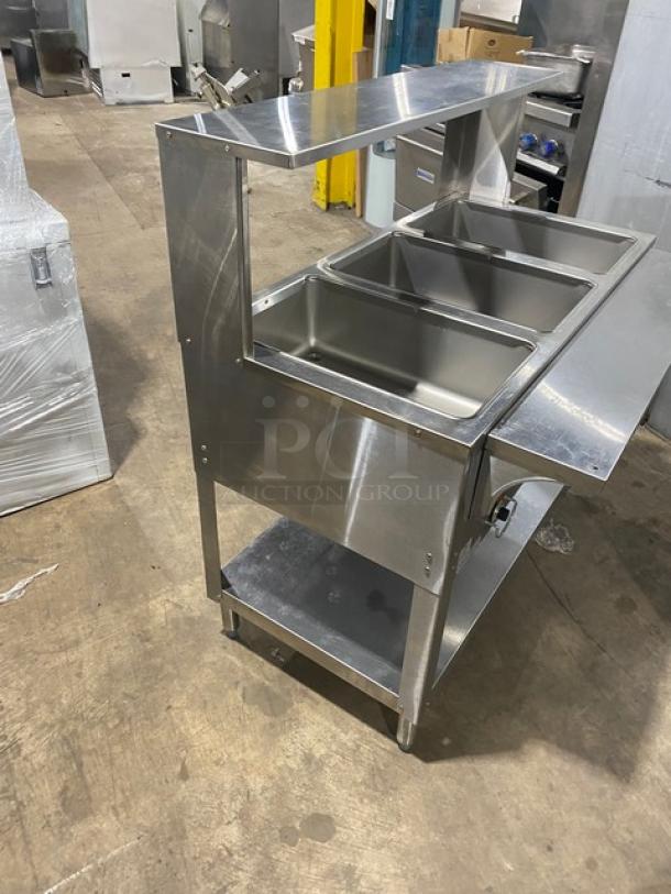 Duke AeroHot E303SWM 3-Well Hot Food Table, stainless steel, serve-over shelf, rear tray slide, undershelf, on legs.