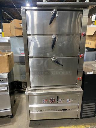 Commercial stainless steel 3-compartment natural gas seafood/rice steamer cabinet; individual controls, wired oven racks, on legs.