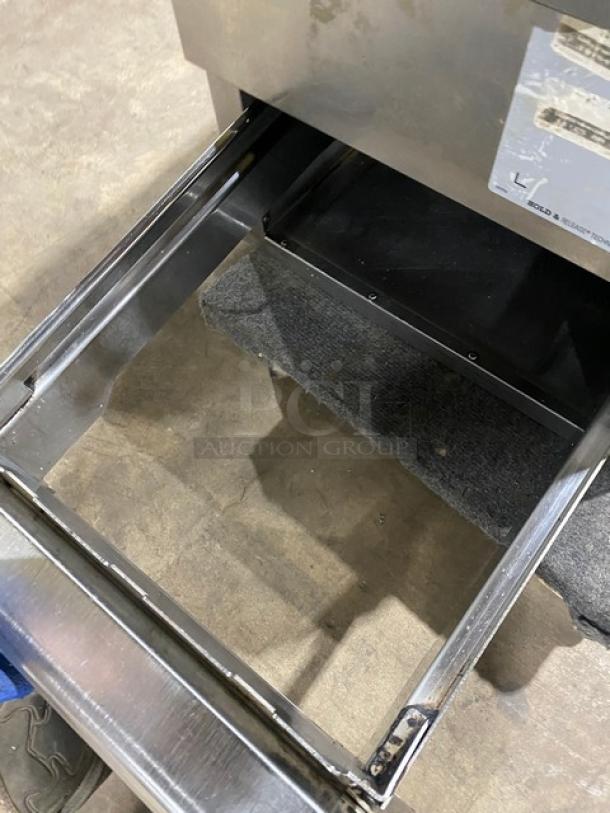 Alto-Shaam 500-2DN commercial stainless steel warming drawer, open view, showing interior. Model 5002DN, Serial 1731963-000.