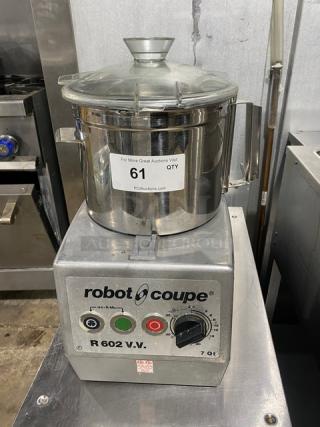 Robot Coupe R602VV commercial food processor, 7 qt stainless steel bowl, countertop model, 120V, shown on legs.