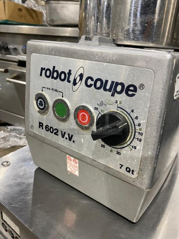 Robot Coupe R602VV 7 Qt. commercial food processor, stainless steel bowl, 120V, legs, visible control knobs and labels.