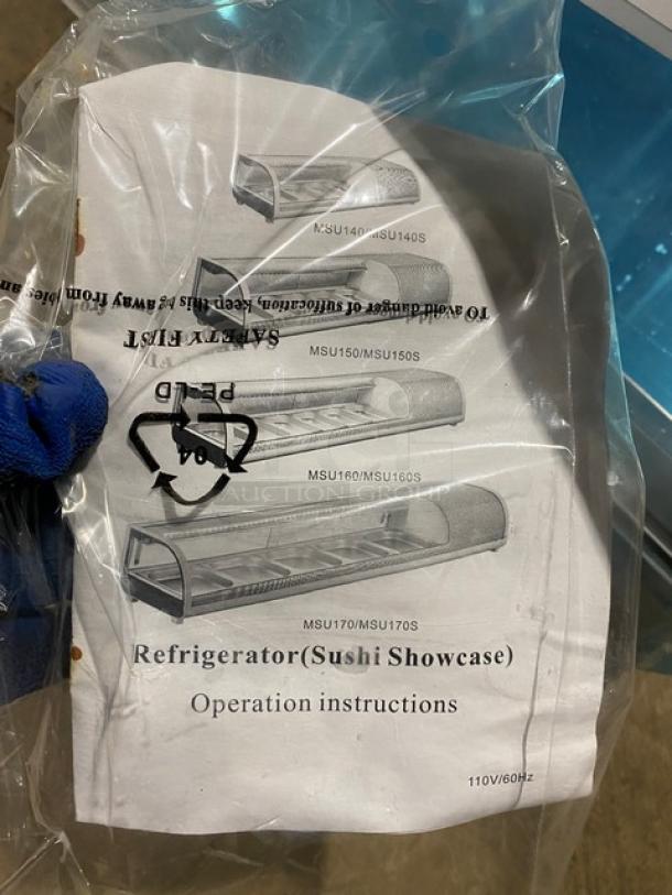 Operational instructions for Marchia MSU150S sushi display showcase, model MSU150S/MSU160S, in plastic packaging, 110V/60Hz.