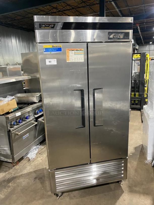 Turbo Air TSR-35SD commercial 2-door stainless steel refrigerator, digital controls, wired racks, on casters, 115V.