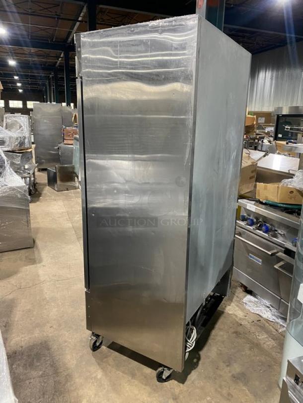 Turbo Air TSR35SD stainless steel 2-door commercial refrigerator on casters, with digital controls and wired racks, SN: BM3R709005.
